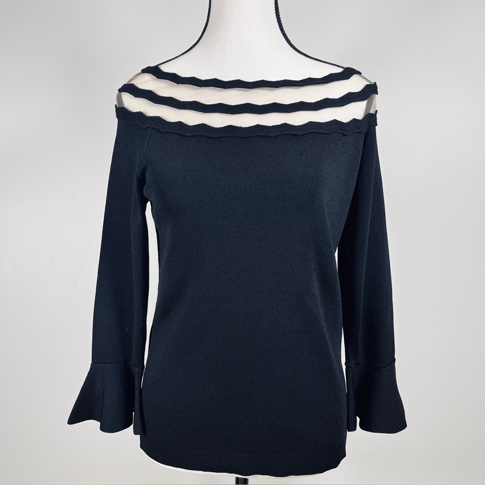 LUCY PARIS Black Off-Shoulder Long Sleeve Knit Top with Sheer Neckline | M